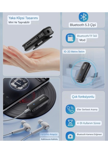 BT09 Bluetooth 5.3 Araç Kiti Çok Fonsiyonlu 3.5mm Ses Aux Jack Klipsli Orjinal Yeni Nesil Son Teknoloji Ses Müzik Araba Hoparlörleri Kulaklık Düşük Gecikme Yüksek Performanslı