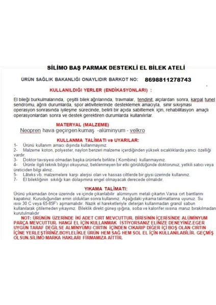 Baş Parmak Destekli El Bilek Ateli Baş Parmak Sabitleyici Bedensiz
