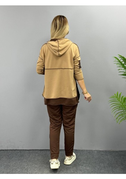 Kadın Kahve Kapşonlu Etek Ucu Detay Arma Ters Dikiş Gorunumlu Ikili Takım fırsatları