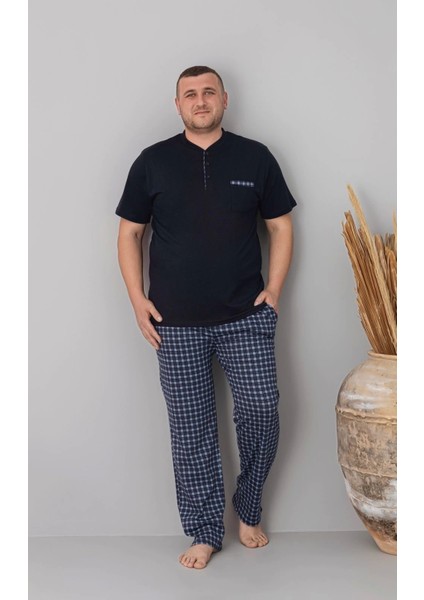 Erkek Büyük Beden Altı Ekose Desenli Siyah Pijama Takımı - 6760
