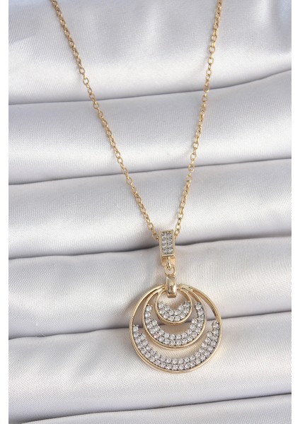 316L Çelik Gold Renk Zirkon Taşlı Madalyon Model Kadın Kolye