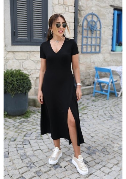 Kadın Kısa Kollu V Yaka Maxi Boy Elbise 124 cm modelleri