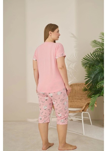 Polyviskon Kumaş Büyük Beden Pembe Pijama Takımı - 7345