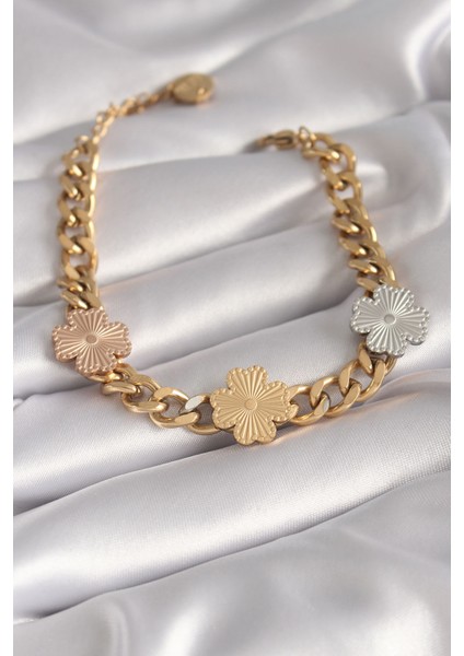 316L Çelik Gold Renk Zincir Model 3'lü Renkli Çiçek Figür Kadın Bileklik