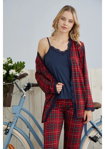 Kadın Milan Kumaş Baskılı Sabahlıklı Askılı Kırmızı Pijama Takımı - 7570