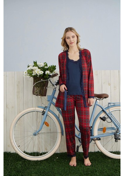 Kadın Milan Kumaş Baskılı Sabahlıklı Askılı Kırmızı Pijama Takımı - 7570