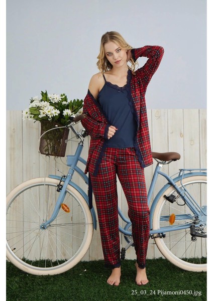 Kadın Milan Kumaş Baskılı Sabahlıklı Askılı Kırmızı Pijama Takımı - 7570