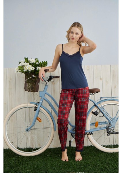 Kadın Milan Kumaş Baskılı Sabahlıklı Askılı Kırmızı Pijama Takımı - 7570