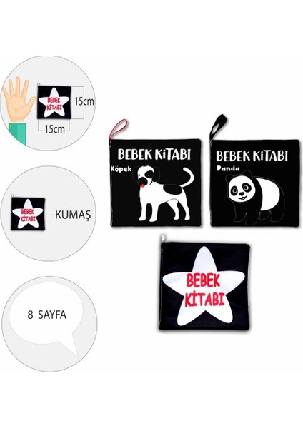 3 Kitap Tox Siyah-Beyaz Evcil, Vahşi Hayvanlar ve Bebek Kumaş Sessiz Kitap T060 T137 T138 - Bez Kitap , Eğitici Oyuncak , Yumuşak ve Hışırtılı fırsatları