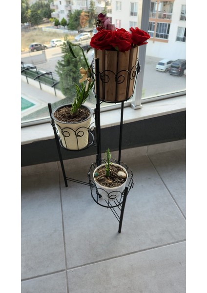 3 Hazneli Metal Bitki Standı / Çiçeklik - 18 cm Saksı Uyumlu - Siyah