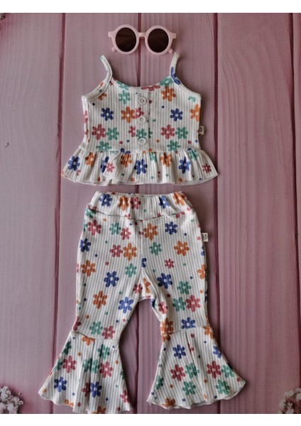 Gözlük Hediyeli Kız Bebek Çiçek Desenli Askılı Bluz & Volan Paça Pantolon Takım
