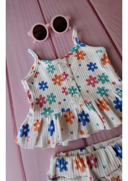 Gözlük Hediyeli Kız Bebek Çiçek Desenli Askılı Bluz & Volan Paça Pantolon Takım fiyatları