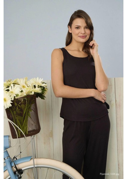 Kadın Dublin Kumaş Üçlü Sabahlıklı Siyah Pijama Takımı - 5325