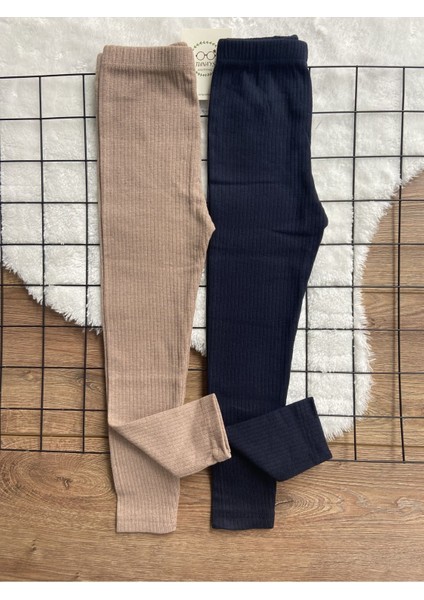 Kız Çocuk Fitilli Şardonlu 2'li Tayt Takımı – Bej ve Lacivert, Yüksek Bel, Rahat ve Nefes Alabilen Kumaş