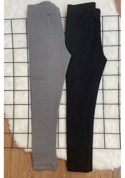 Kız Çocuk Gri Fitilli Şardonlu Yüksek Bel Tayt 2'li Takım – Nefes Alabilen Kumaş, Rahat ve Esnek Hareket Özgürlüğü