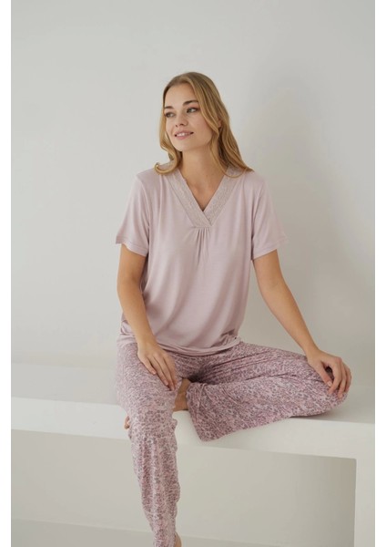 Kadın Ring Viskon Kumaş V Yaka Kısa Kollu Pijama Takımı - 9565 fiyatları