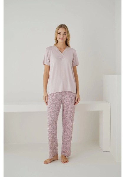 Kadın Ring Viskon Kumaş V Yaka Kısa Kollu Pijama Takımı - 9565