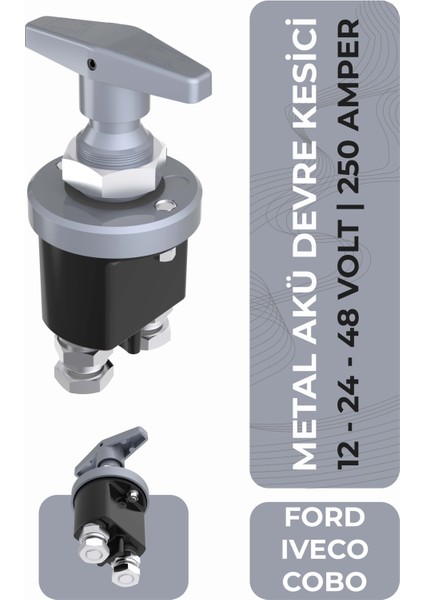 Çevirmeli Metal Akü Devre Kesici Şalter - 12/24/48V 250A