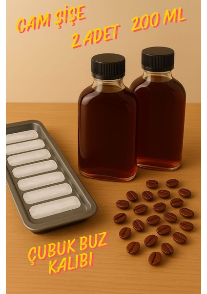 2 Adet Şeffaf Cold Brew Kapaklı Soğuk Kahve Yassı Cam Çok Amaçlı Şişe 200 ml ve Çubuk Buz Kalıbı