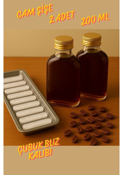 2 Adet Şeffaf Cold Brew Kapaklı Soğuk Kahve Yassı Cam Çok Amaçlı Şişe 200 ml ve Çubuk Buz Kalıbı
