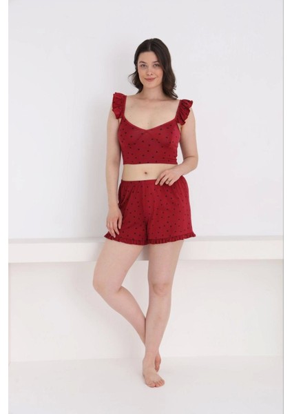 Kadın Askısı Fırfır Detaylı Şortlu Bordo Pijama Takımı - 7710