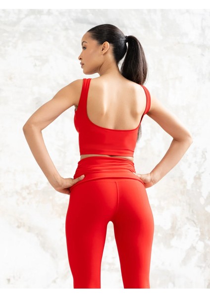 Kırmızı Beli Drapeli Spor Tayt