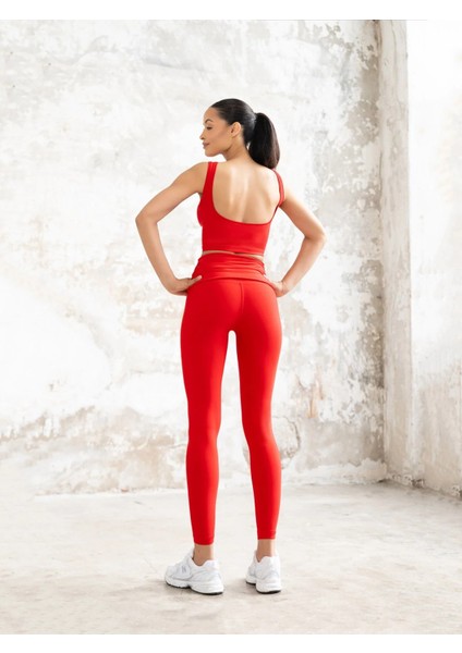 Kırmızı Beli Drapeli Spor Tayt