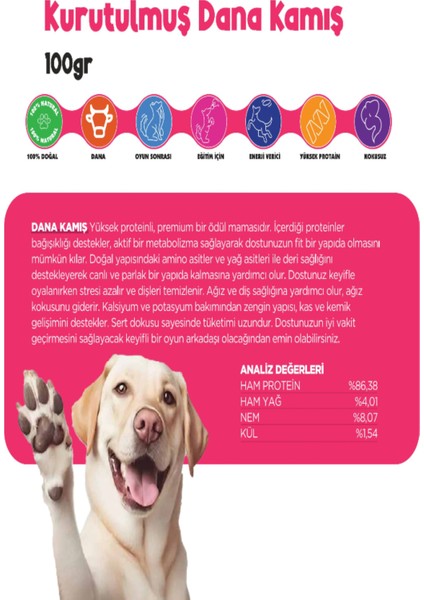 Kurutulmuş Dana Kamış Çiğnemelik Köpek Ödül Maması %100 Doğal Tüm Irklar Için Yüksek Protein 100 G modelleri