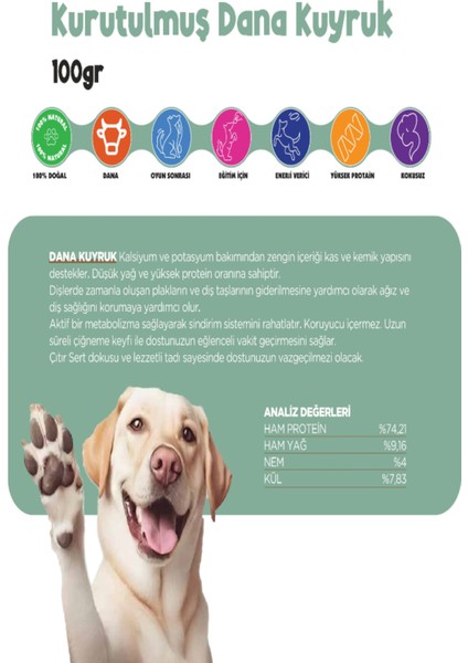Kurutulmuş Dana Kuyruk Çiğnemelik Köpek Ödül Maması %100 Doğal Tüm Irklar Için Yüksek Protein 100 G modelleri