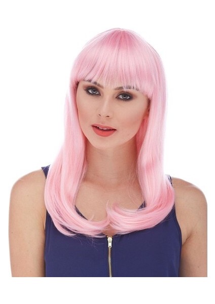 Soft Pembe Renk Uzun Düz Parti Peruğu