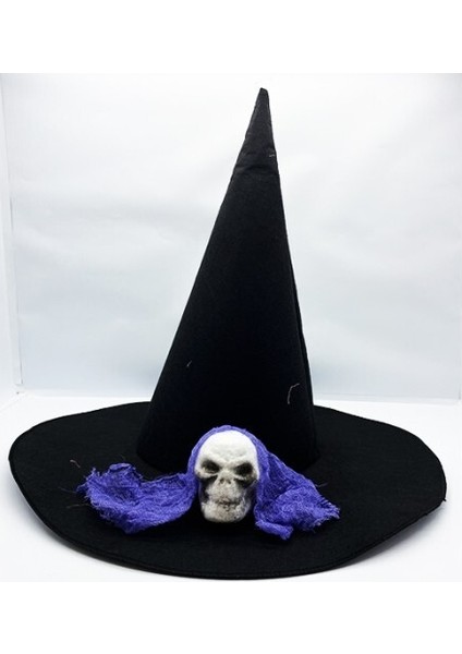 Siyah Renk Mavi Duvaklı Kuru Kafa Temalı Cadı Şapkası 35X38 cm
