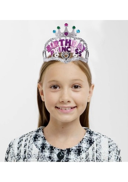 Gümüş Renk Taç Üzeri Pembe Birthday Prenses Yazılı Çocuk Parti Tacı 11X12 cm