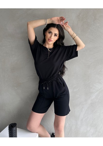 Kadın Modal Kumaş Oversize Kısa Kollu Kadın Eşofman Takımı, Şortlu, Bağcıklı Yumuşak Kumaş