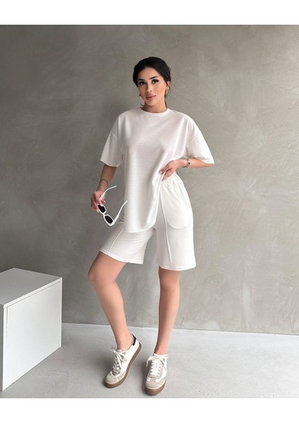 Kadın Modal Kumaş Oversize Kısa Kollu Kadın Eşofman Takımı, Şortlu, Bağcıklı Yumuşak Kumaş