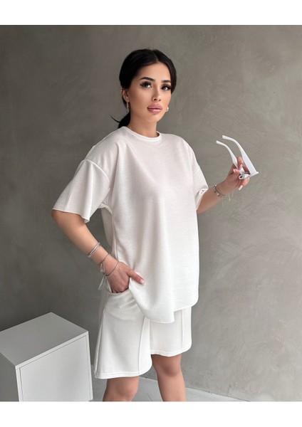 Kadın Modal Kumaş Oversize Kısa Kollu Kadın Eşofman Takımı, Şortlu, Bağcıklı Yumuşak Kumaş