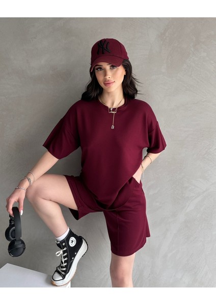 Kadın Modal Kumaş Oversize Kısa Kollu Kadın Eşofman Takımı, Şortlu, Bağcıklı Yumuşak Kumaş