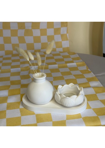 Dekoratif 3'lü Set, Lotus Mumluk, Vazo, Sunum Tabağı