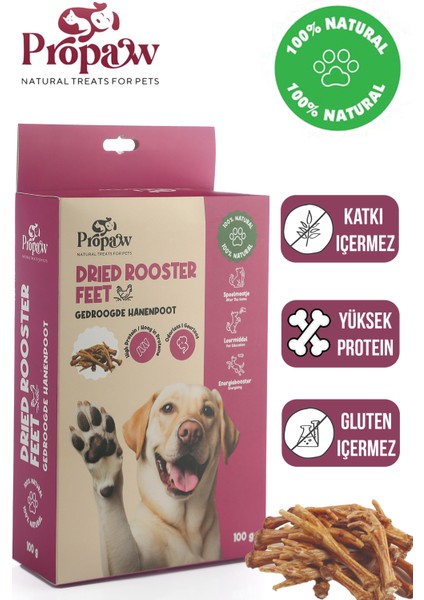 Kurutulmuş Horoz Ayak Köpek Ödül Maması Çiğnemelik %100 Doğal Tüm Irklar Için Yüksek Protein 100 G