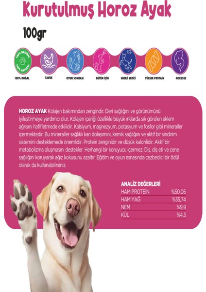 Kurutulmuş Horoz Ayak Köpek Ödül Maması Çiğnemelik %100 Doğal Tüm Irklar Için Yüksek Protein 100 G