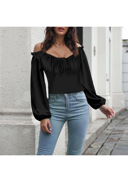 Kadın Uzun Kollu Kare Yaka Göğüs Büzgü Detay Sandy Bluz indirimleri