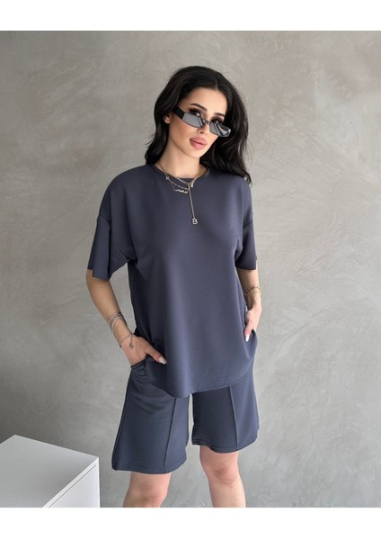 Kadın Modal Kumaş Oversize Kısa Kollu Kadın Eşofman Takımı, Şortlu, Bağcıklı Yumuşak Kumaş