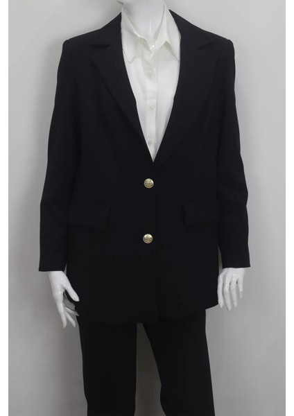 Fistan Store Kadın Siyah Düz Normal Kesim Normal Kalıp Düğme Kapamalı Yazlık Blazer Ceket