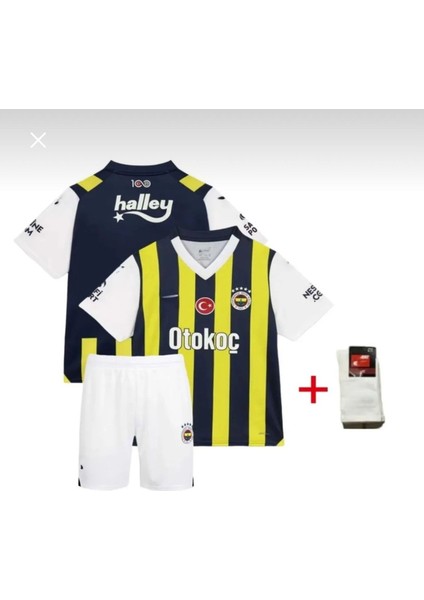 Fênêrbâhçê 2023-24 Sezon Dzeko Iç Saha Çubuklu Çocuk Forması 4 Lü Set(Çorap Bileklik Hedıyellı)-