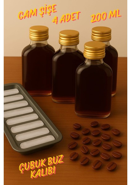 4 Adet Şeffaf Cold Brew Sızdırmaz Kapaklı Soğuk Kahve Yassı Cam Şişe 200 ml ve Çubuk Buz Kalıbı