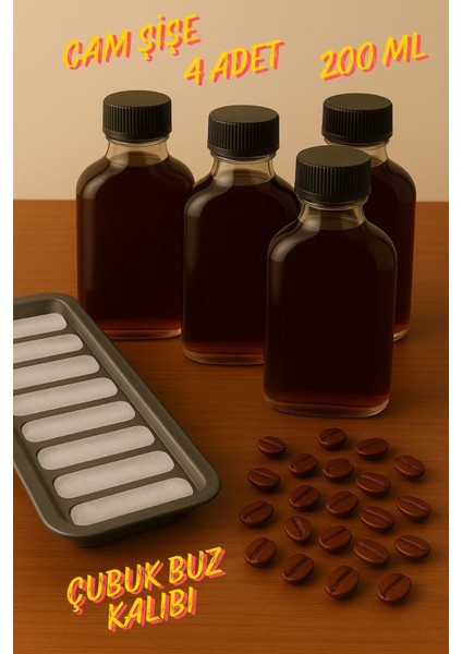 4 Adet Şeffaf Cold Brew Sızdırmaz Kapaklı Soğuk Kahve Yassı Cam Şişe 200 ml ve Çubuk Buz Kalıbı