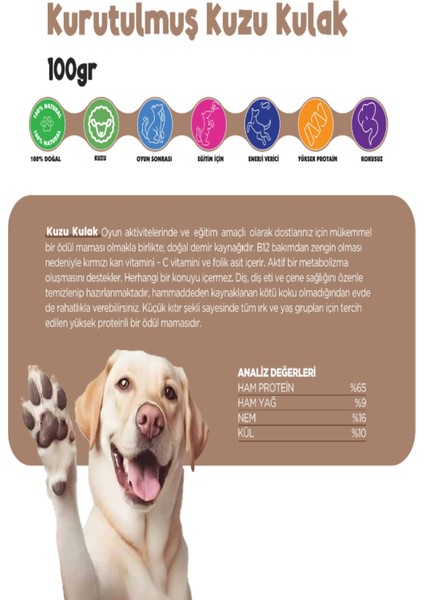 Kurutulmuş Kuzu Kulak Köpek Ödül Maması Çiğnemelik %100 Doğal Tüm Irklar Için Yüksek Protein 100 G