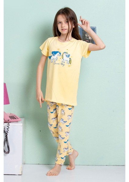 Elmkp Sarı Unicorn Desen Kız Çocuk Pijama Takımı 3-10 Yaş 4103
