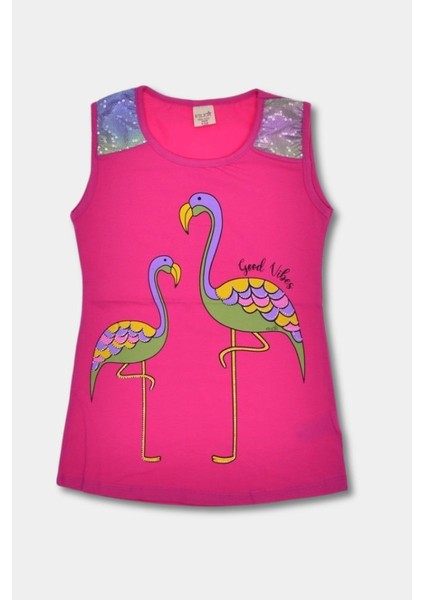Kız Çocuk Flamingo Baskılı Payetli Taş Işlemeli Pembe Tişört