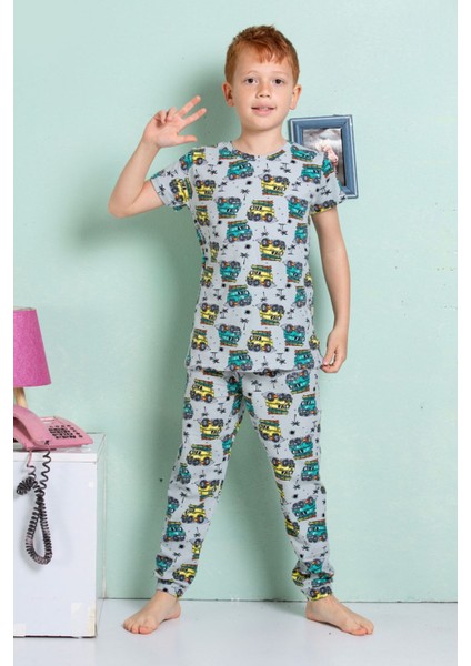 Elmkp Gri Safari Desen Erkek Çocuk Pijama Takımı 3-10 Yaş 3101