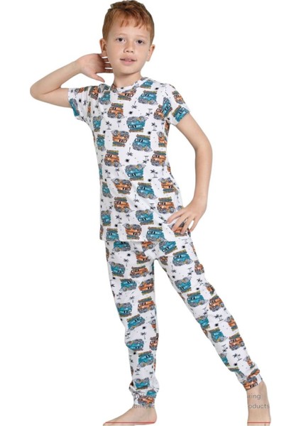 Elmkp Krem Safari Desen Erkek Çocuk Pijama Takımı 3-10 Yaş 3103